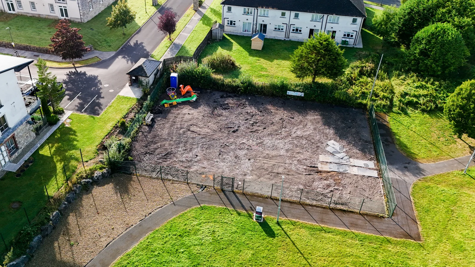 Aerial view of Ballyconnell Community Playground with equipment removed during refurbishment
