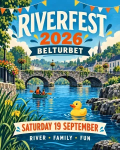 Illustrated RiverFest poster showing Belturbet by the river with a stone bridge, canoe and yellow duck