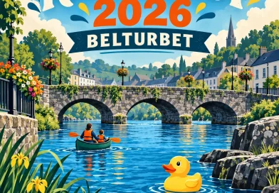 Illustrated RiverFest poster showing Belturbet by the river with a stone bridge, canoe and yellow duck
