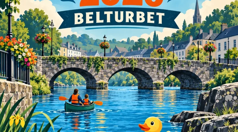 Illustrated RiverFest poster showing Belturbet by the river with a stone bridge, canoe and yellow duck