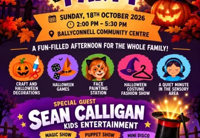 Poster for Ballyconnell Halloween Party, Sunday 18 October 2026, 2pm to 5.30pm, Ballyconnell Community Centre.
