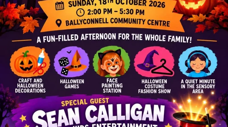Poster for Ballyconnell Halloween Party, Sunday 18 October 2026, 2pm to 5.30pm, Ballyconnell Community Centre.