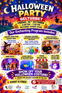 Poster advertising Halloween family fun at Belturbet Goods Store on Friday 16 October, 4pm to 7.30pm.