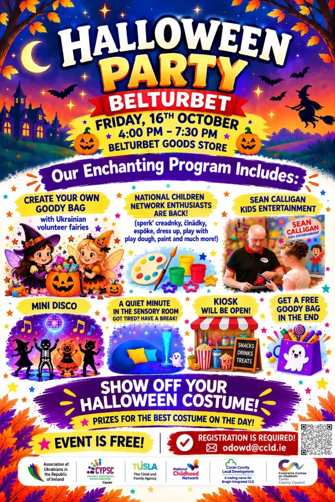 Home Poster advertising Halloween family fun at Belturbet Goods Store on Friday 16 October, 4pm to 7.30pm.
