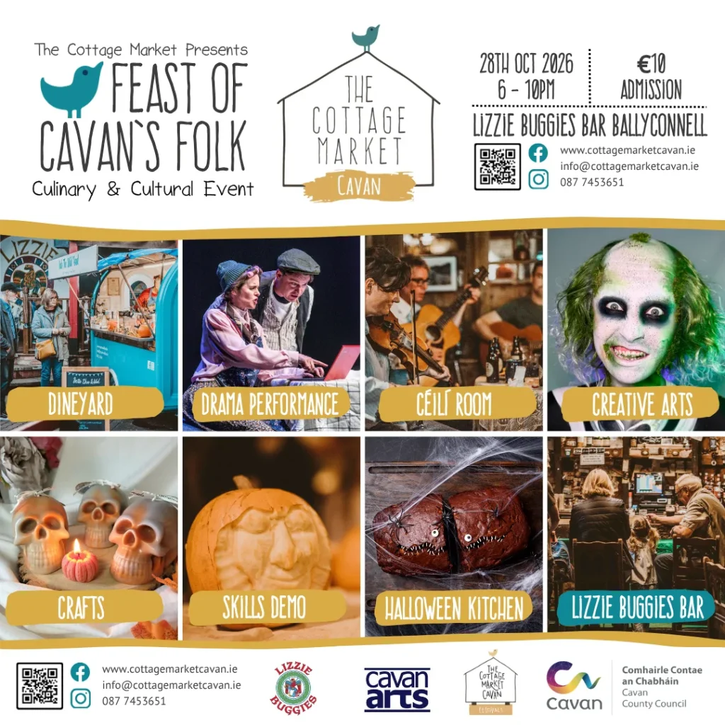 Home Feast of Cavan Folk Festival poster: 28 October 2026, 6–10pm, Lizzie Buggies, Ballyconnell